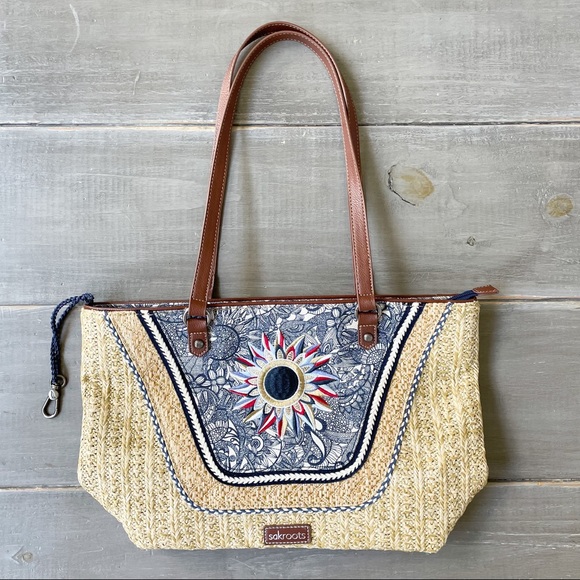 Sakroots Handbags - Sakroots Meadow Straw Tote Bag Medium Sun Embroidery Blue, White, + Red